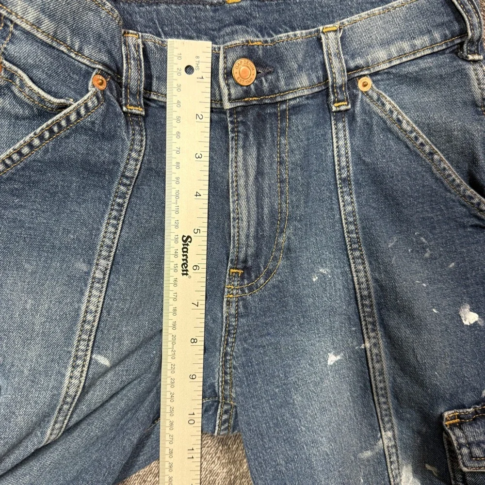 Gap Jeans 90s Loose Cargo Mid Rise‎ Petite 25/0P Medium Wash Paint Splatter